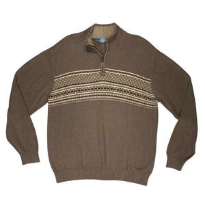 Oscar De La Renta Fair Isle Sweater Mens XL Brown Tight Knit Mock Neck Half‎ Zip